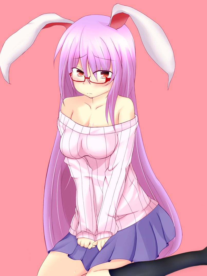 1girl, animal_ears, black_legwear, blush, breasts, cleavage, collarbone, glasses, hyaa, lavender_hair, long_hair, looking_at_viewer, miniskirt, off-shoulder_shirt, off_shoulder, orange_background, pleated_skirt, purple_hair, rabbit_ears, red_eyes, reisen_udongein_inaba, ribbed_sweater, semi-rimless_glasses, shirt, simple_background, sitting, skirt, solo, sweater, thigh-highs, touhou, very_long_hair