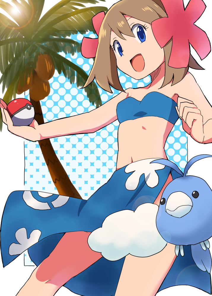 1girl, bare_shoulders, blue_eyes, brown_hair, cosplay, flower, fuyou_(pokemon), fuyou_(pokemon)_(cosplay)