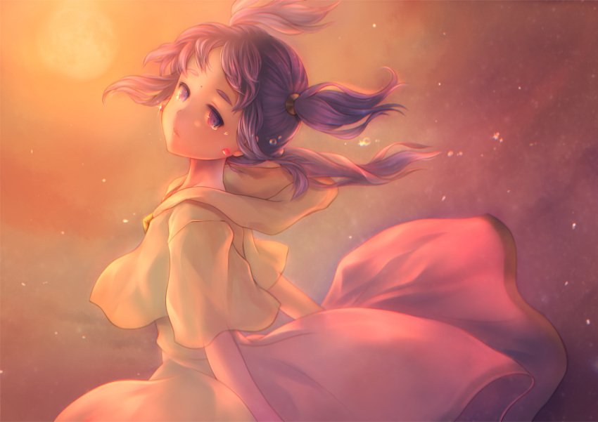 1girl, bangs, dress, earrings, facial_mark, floating_hair, flying_teardrops, forehead_mark, from_side, hair_ornament, highres, hood, hood_down, hyuu_(popolocrois), jewelry, light_particles, long_hair, looking_at_viewer, megumi_(piyo7piyo9), popolocrois, purple_hair, shade, short_sleeves, solo, tears, twintails, upper_body, violet_eyes