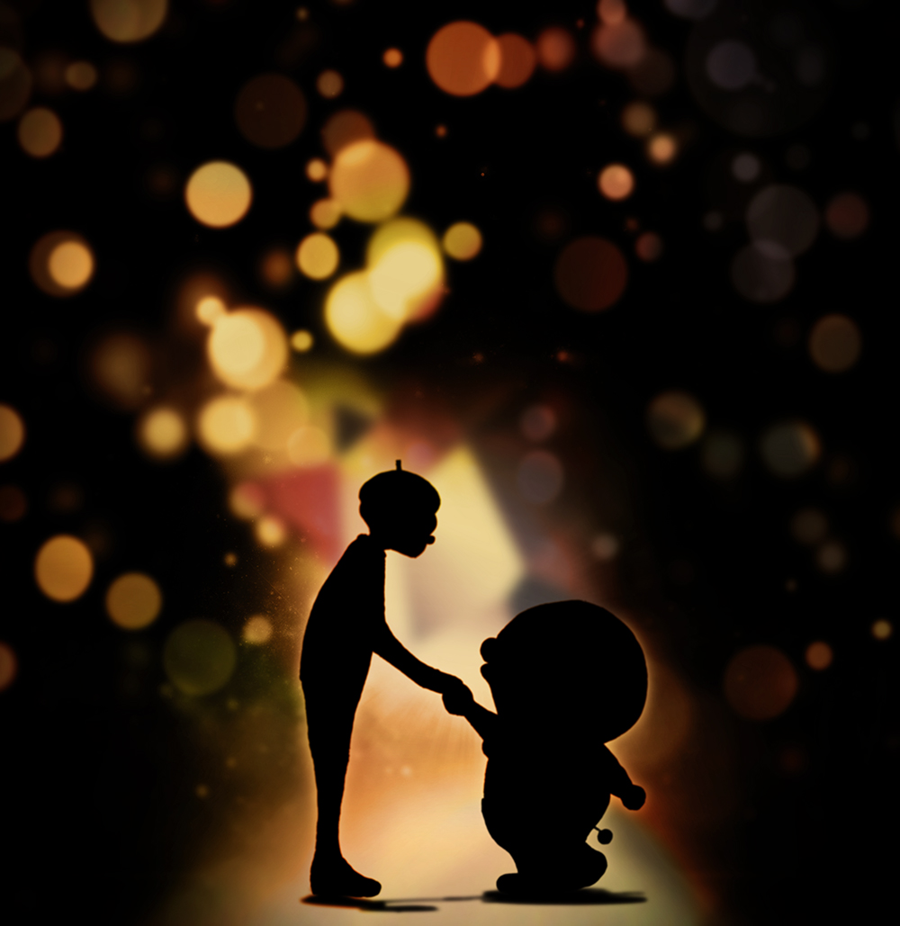 2boys, beret, blurry, doraemon, doraemon_(character), fujiko_f_fujio_(illustrated), harada_miyuki, hat, holding_hand, light_particles, male_focus, multiple_boys, real_life, shadow, silhouette