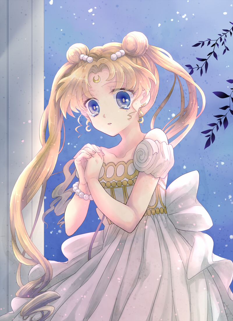 1girl, bead_bracelet, beads, bishoujo_senshi_sailor_moon, blonde_hair, blue_eyes, branch, collarbone, column, crescent, crescent_earrings, double_bun, dress, earrings, fujimi_(deathnet), hair_beads, hair_ornament, hands_together, interlocked_fingers, jewelry, long_hair, pillar, princess_serenity, ribbon, solo, tears, tsukino_usagi, twintails, white_dress