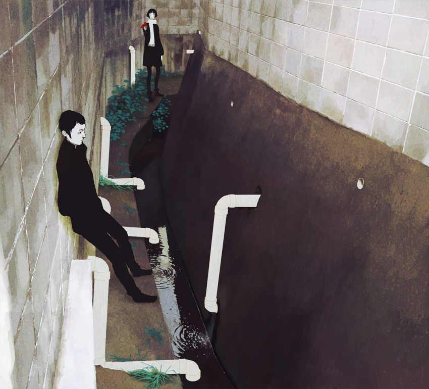 flower, kumaori_jun, male, original, scarf, sewer, short_hair, thigh-highs