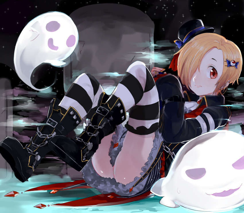 1girl, black_boots, blonde_hair, blue_bow, blue_ribbon, boots, bow, chain