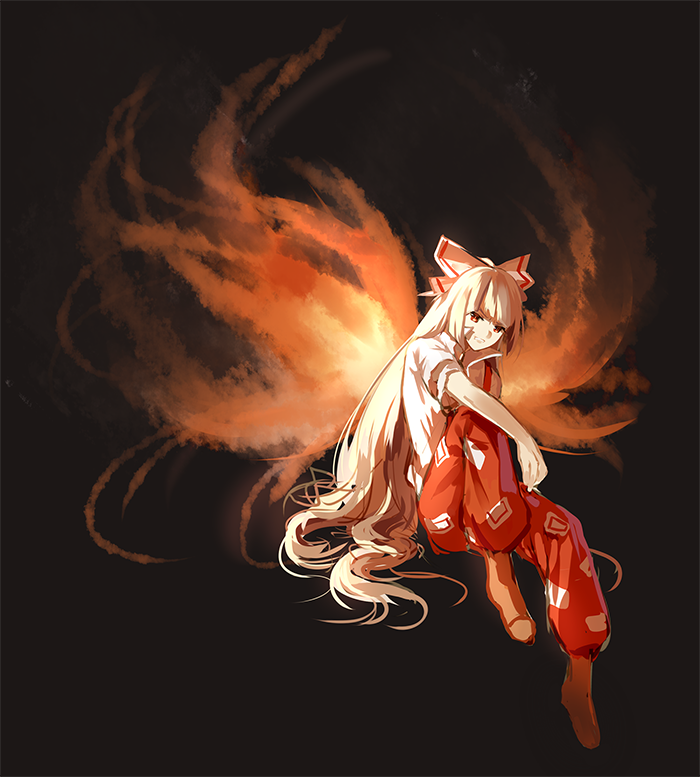 1girl, bow, fujiwara_no_mokou, hair_bow, long_hair, looking_at_viewer, pants, phoenix_wings