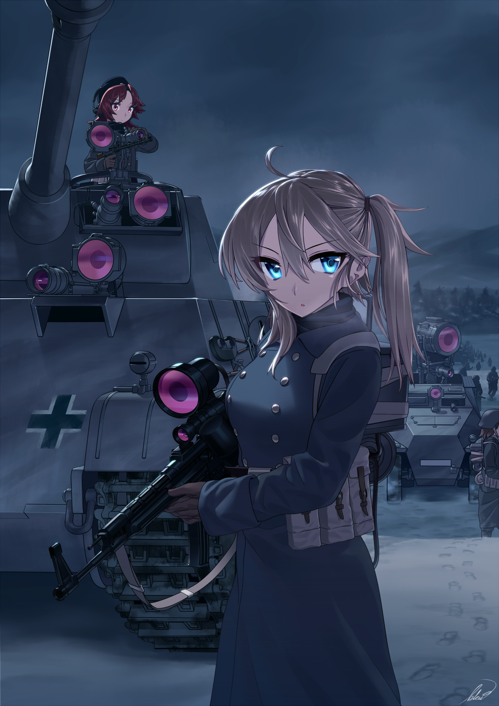3girls, :o, ahoge, assault_rifle, blew_andwhite, blonde_hair, blue_eyes, blurry