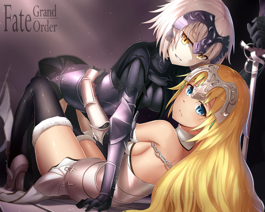 2girls, armor, armored_corset, bare_shoulders, blonde_hair, blue_eyes, breasts, bu_li