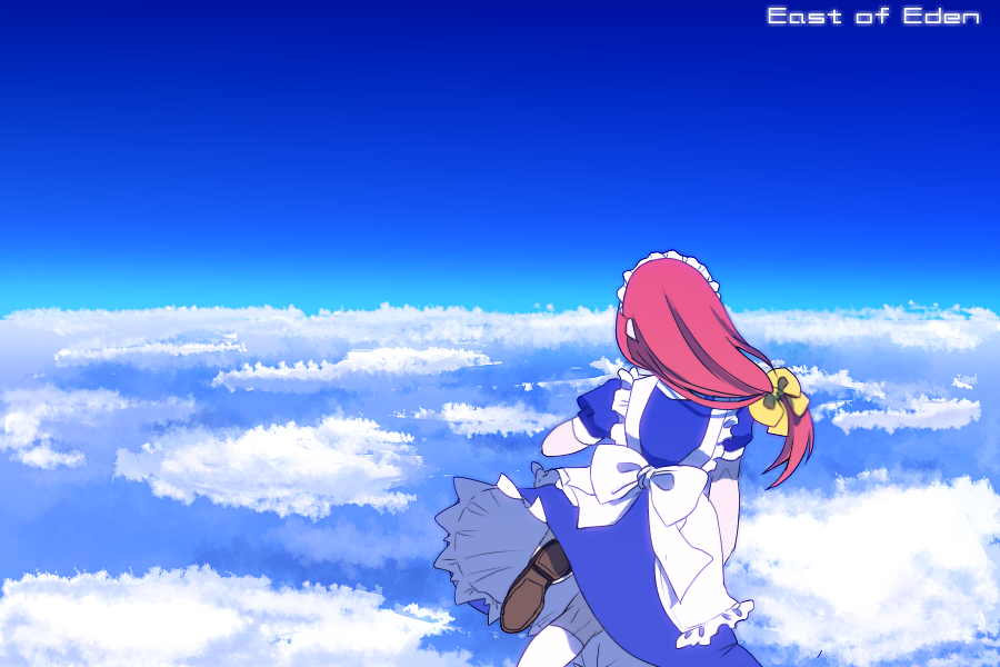 1girl, asupirin, blue_sky, from_behind, hair_ribbon, long_hair, maid, maid_headdress
