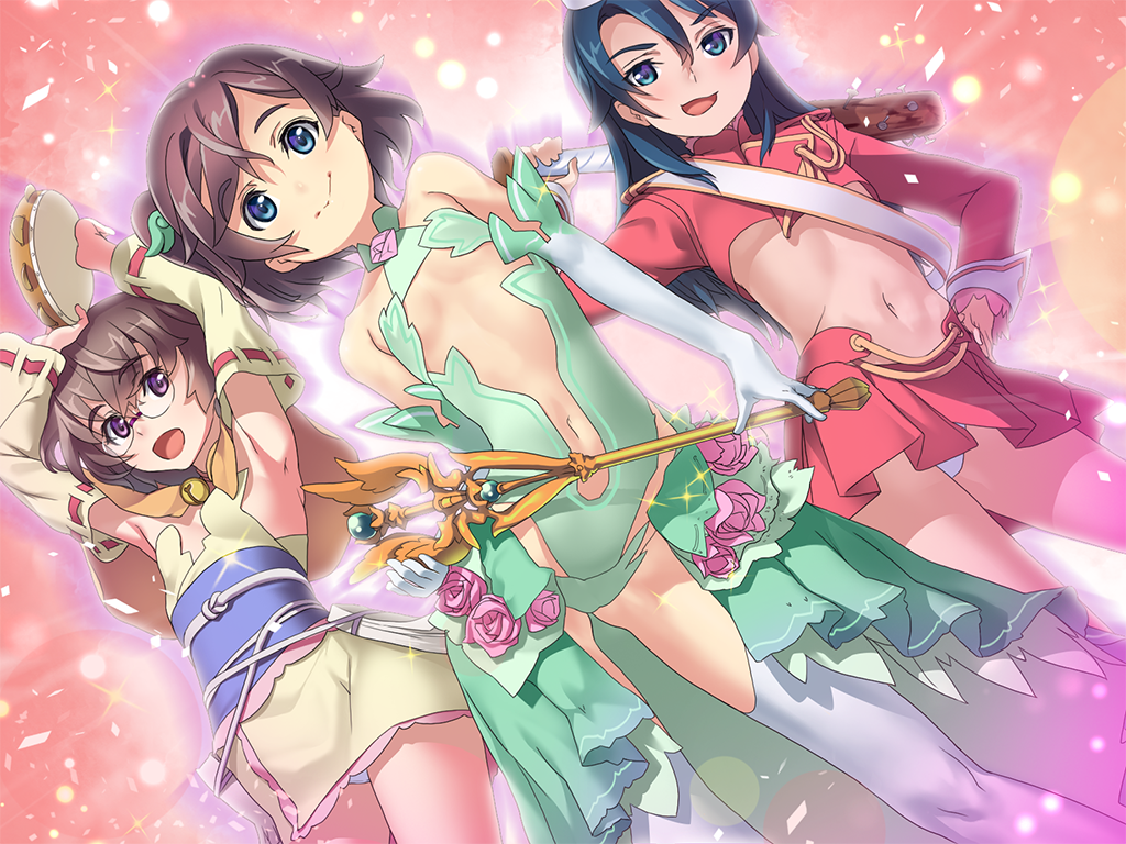 3girls, arms_up, blue_eyes, blue_hair, brown_hair, clam_chowder, long_hair, magical_girl