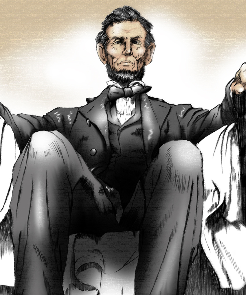 1boy, abraham_lincoln, artist_request, beard, bow, bowtie, facial_hair, formal