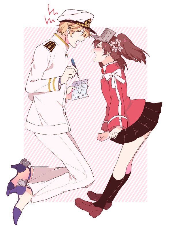 1boy, 1girl, admiral_arisugawa, anger_vein, arguing, black_legwear, blonde_hair, brown_hair