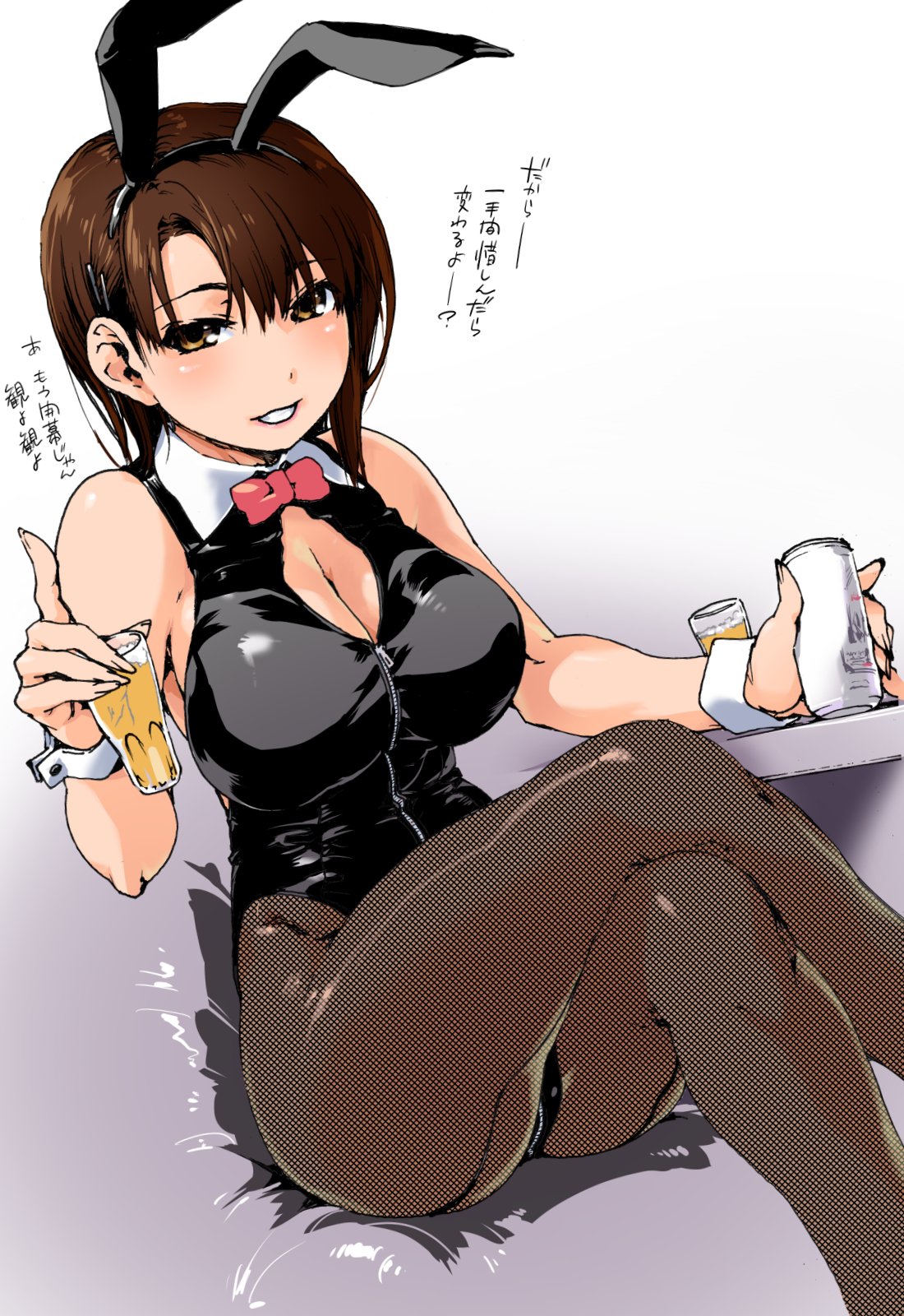 1girl, :d, alcohol, animal_ears, bare_shoulders, beer, beer_can, black_legwear