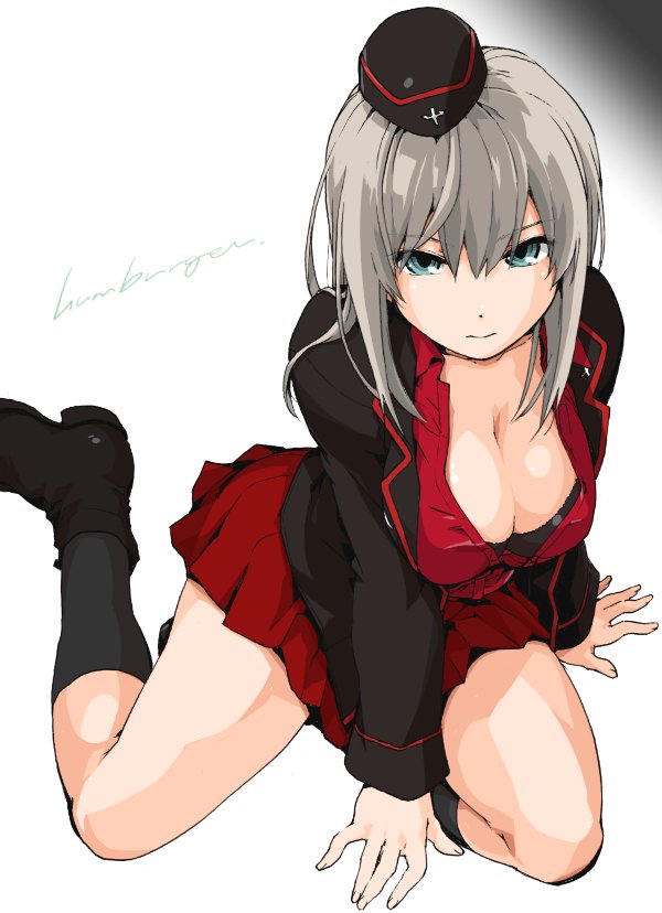 1girl, arm_support, black_boots, black_bra, black_jacket, black_legwear, blue_eyes, boots