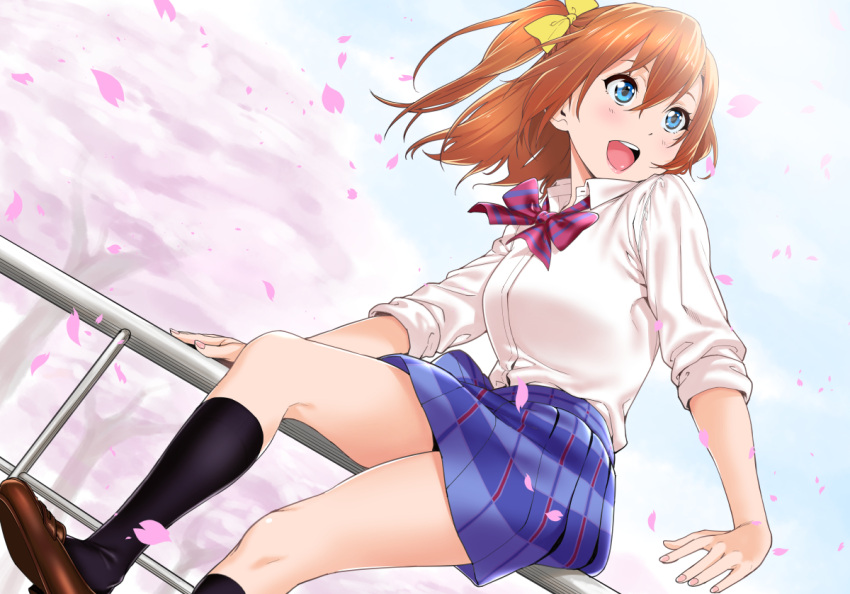 1girl, :d, black_legwear, blue_eyes, blush, bow, bowtie, cherry_blossoms