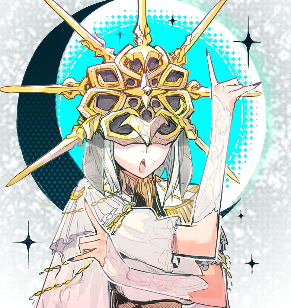 1boy, arm_warmers, black_nails, crescent, dark_souls, dark_sun_gwyndolin, hand_gesture, headpiece