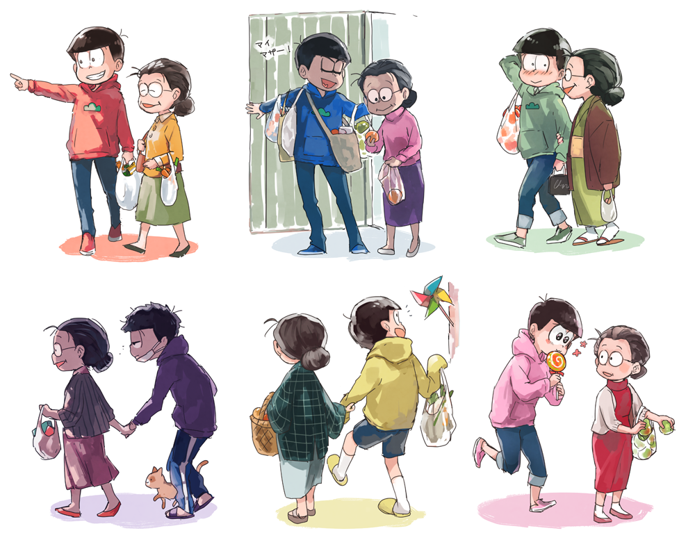 1girl, 6+boys, :>, :d, ^_^, arm_at_side, bag, black_hair