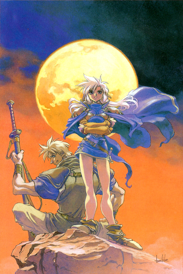 1boy, 1girl, 90s, aqua_eyes, artist_name, bare_legs, beltskirt, blonde_hair, blue_eyes, cape, floating_hair, full_moon, hikyou_tanken_fam_&amp;_ihrie, holding, long_hair, long_sleeves, miguel, moon, official_art, rasha_(ruin_explorers), scabbard, sheath, sitting, skirt, standing, sword, tanaka_kunihiko, traditional_media, weapon, wind, wind_lift