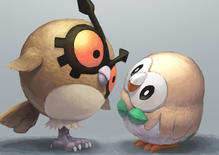 absurdres, bird, full_body, grey_background, head_tilt, highres, hoothoot, looking_at_another, no_humans, owl, pokemon, pokemon_(creature), pokemon_(game), pokemon_gsc, pokemon_sm, rowlet, simple_background, standing, t@kuyoa
