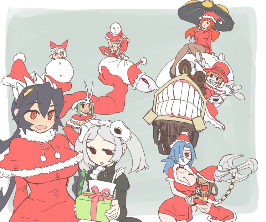 +_+, 6+girls, :3, angry, apron, aqua_hair, arms_behind_head, black_eyes