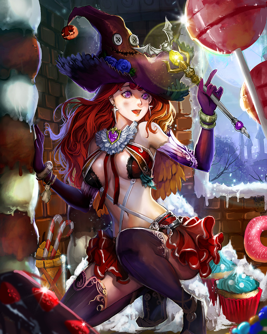 1girl, black_legwear, blue_rose, breasts, candy, candy_cane, cookie, cream