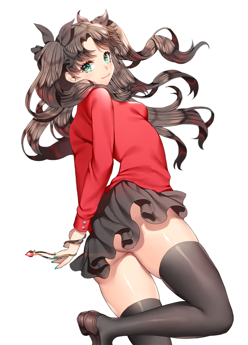 1girl, ass, black_legwear, brown_hair, fate/stay_night, fate_(series), ganik_(pisshine), green_eyes