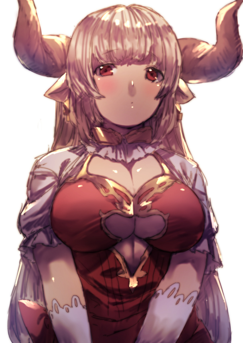1girl, :o, alicia_(granblue_fantasy), bangs, blunt_bangs, breasts, cross, cross_earrings, dress, earrings, eyebrows, eyebrows_visible_through_hair, gloves, granblue_fantasy, highres, horns, jewelry, large_breasts, long_hair, looking_at_viewer, pointy_ears, puffy_short_sleeves, puffy_sleeves, red_eyes, short_sleeves, silver_hair, simple_background, solo, uguisu_(pix-pix), under_boob, underboob_cutout, upper_body, white_background, white_gloves