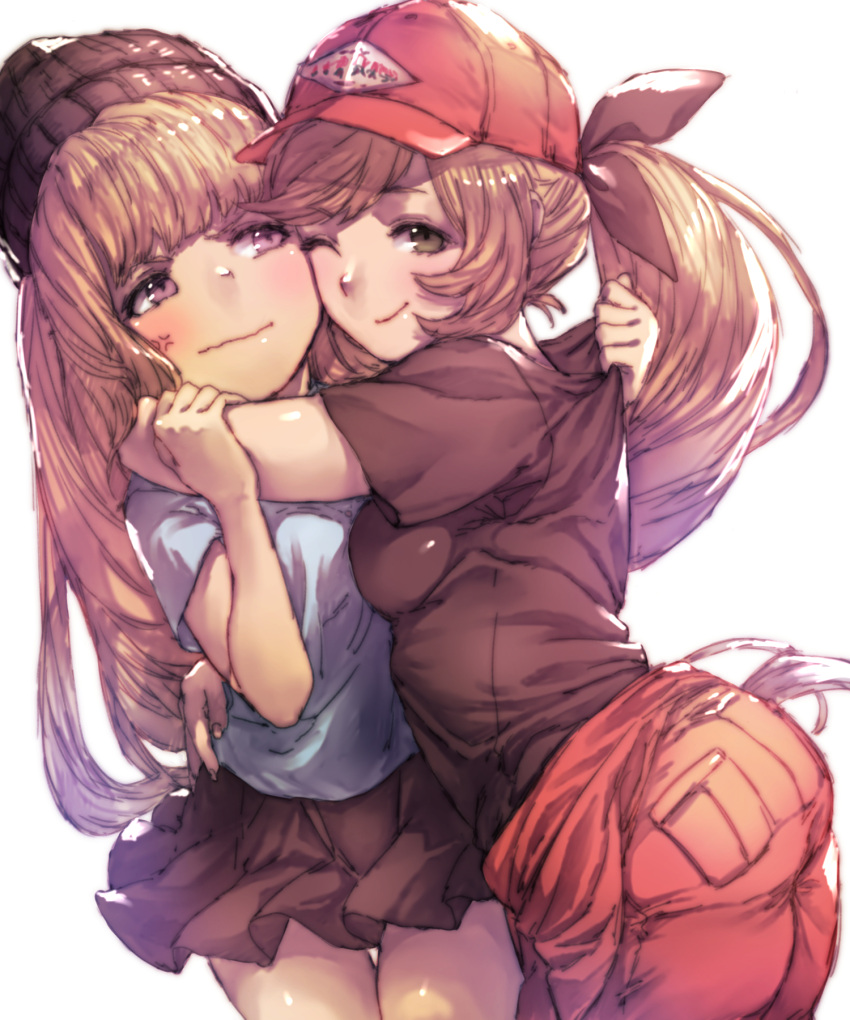 2girls, ;), anger_vein, arm_around_neck, arm_around_waist, arm_grab, ass, bangs, baseball_cap, beanie, black_hat, black_skirt, blonde_hair, blunt_bangs, blush, breast_press, breasts, brown_hair, cagliostro_(granblue_fantasy), cheek-to-cheek, clarisse_(granblue_fantasy), closed_mouth, cowboy_shot, eyelashes, granblue_fantasy, green_eyes, hand_on_another's_arm, hat, highres, huge_breasts, long_hair, looking_at_another, looking_at_viewer, looking_to_the_side, miniskirt, multiple_girls, one_eye_closed, pleated_skirt, ponytail, red_hat, shirt, shirt_grab, short_sleeves, simple_background, skirt, smile, swept_bangs, t-shirt, thigh_gap, uguisu_(pix-pix), violet_eyes, wavy_mouth, white_background