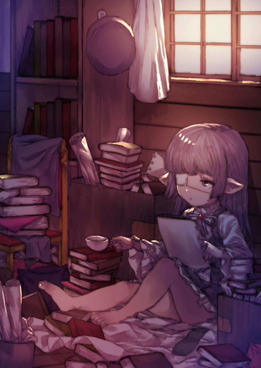 1girl, bangs, barefoot, blanket, blunt_bangs, book, book_stack, bookshelf