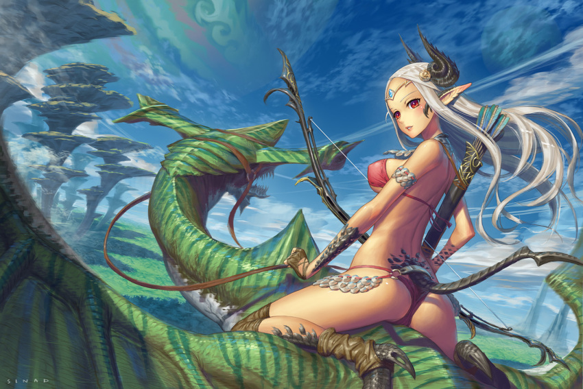 1girl, armlet, arrow, ass, bare_shoulders, bikini, blue_sky, blush