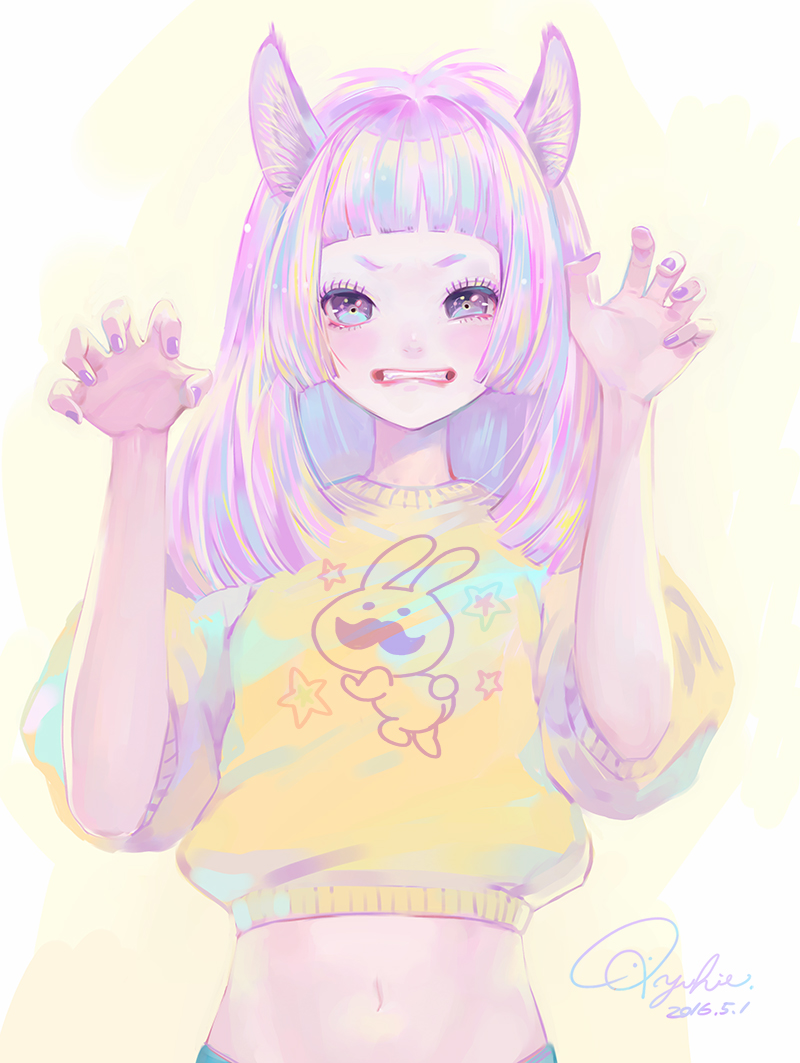 1girl, animal_ears, bangs, blunt_bangs, cat_ears, claw_pose, clenched_teeth, dated