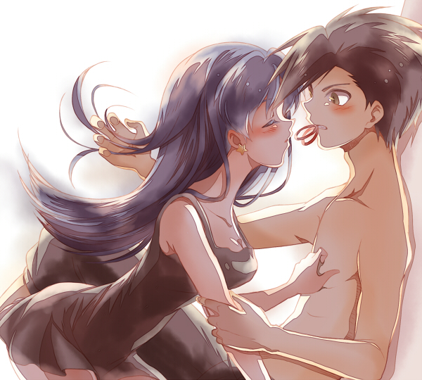 1boy, 1girl, against_wall, alternate_costume, alternate_hairstyle, atom_(@tom), bangs, black_dress