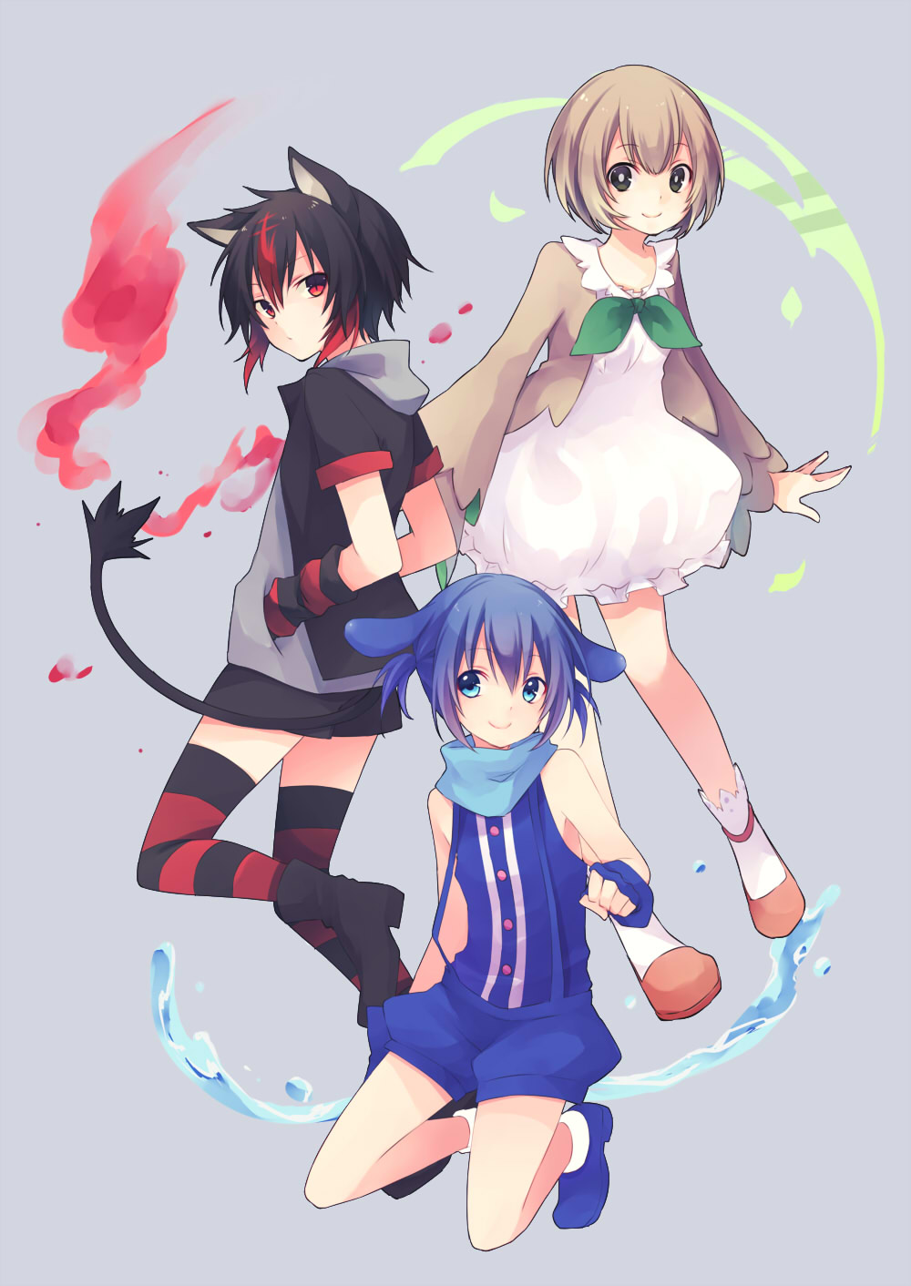 :o, androgynous, animal_ears, arm_warmers, bangs, black_hair, black_shorts, blue_eyes