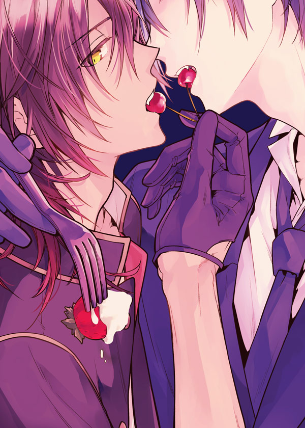 2boys, black_gloves, black_hair, brown_hair, cherry, food, fork, fruit