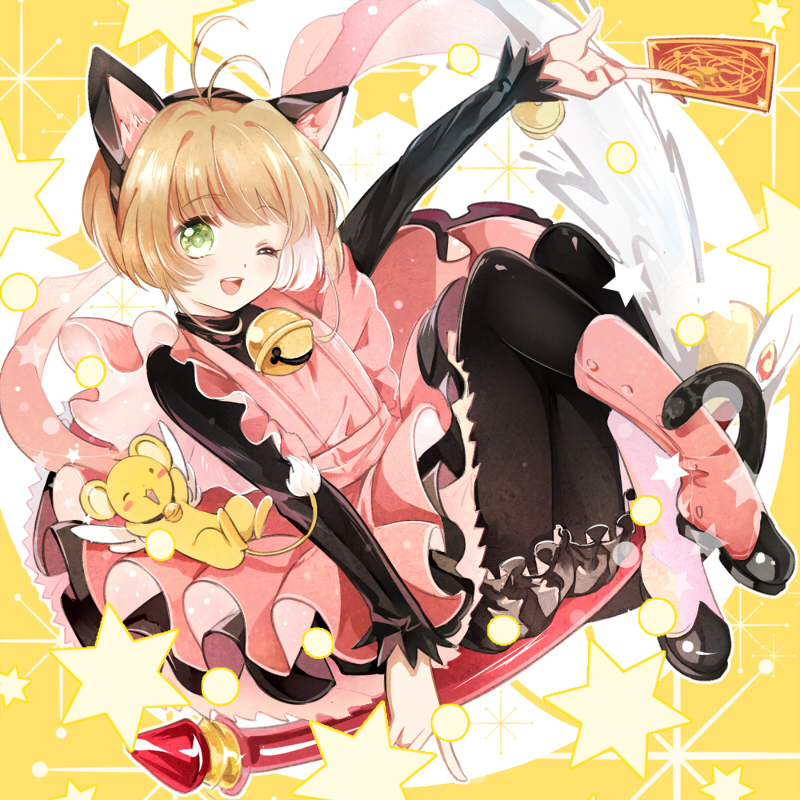 1girl, animal_ears, apron, bell, black_legwear, bloomers, brown_hair, card