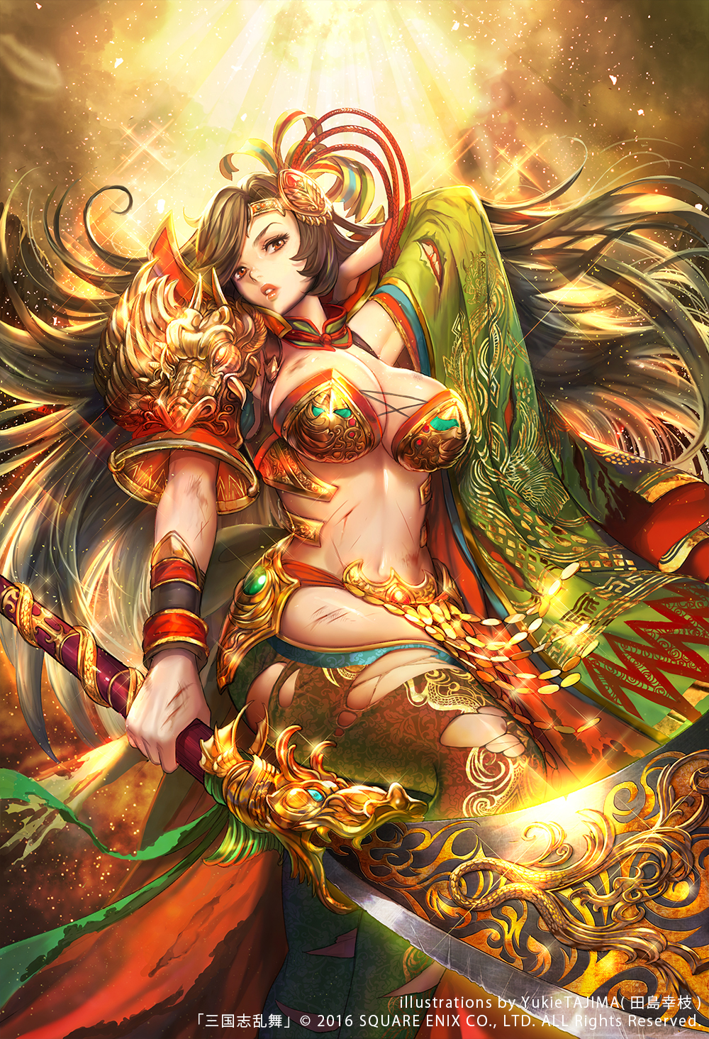 1girl, armor, bikini_armor, black_hair, breasts, cleavage, genderswap, genderswap_(mtf), guan_yu_(sangokushi_ranbu), highres, official_art, original, parted_lips, sangokushi_ranbu, solo, sword, tajima_yukie, weapon