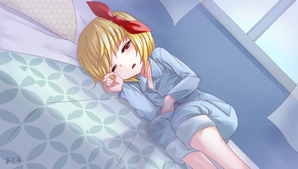 1girl, araki_(qbthgry), bed, blonde_hair, hair_ribbon, lying, on_bed, on_side, pajamas, red_eyes, ribbon, rumia, short_hair, sleepy, touhou