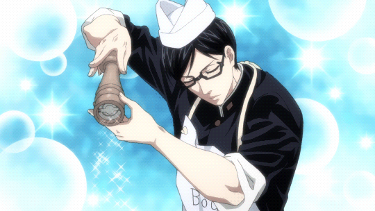1boy, animated, animated_gif, apron, bangs, black-framed_glasses, black_hair, chef_hat