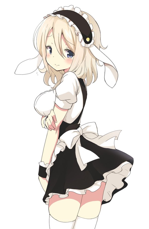 1girl, animal_ears, aoyama_blue_mountain, blonde_hair, blue_eyes, gochuumon_wa_usagi_desu_ka?, itamochi, kirima_sharo, kirima_sharo_(cosplay), rabbit_ears, uniform, waitress, white_legwear, zettai_ryouiki