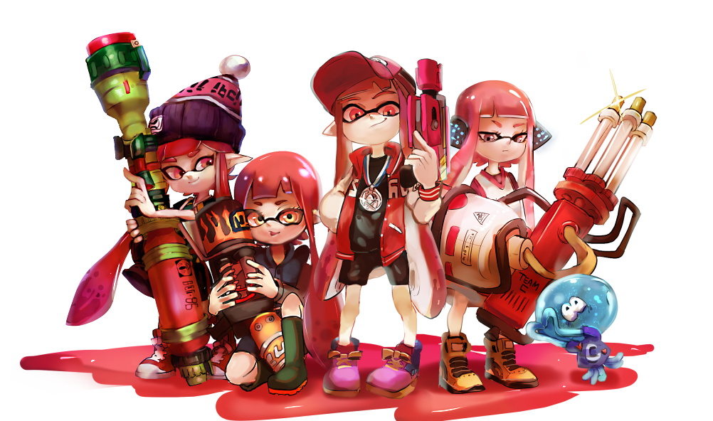 baseball_cap, beanie, bike_shorts, boots, domino_mask, earphones, hat, inkling, jacket, mask, medal, meru_tyanng, pointy_ears, shoes, smile, sneakers, splatoon, tentacle_hair