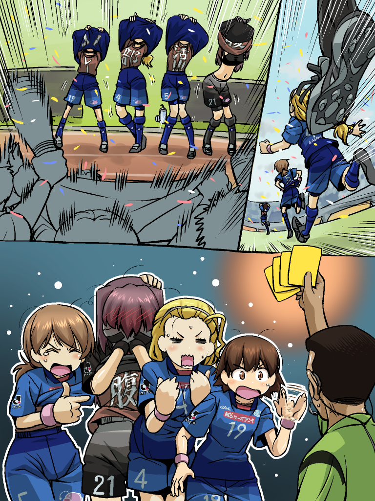 4girls, black_gloves, black_legwear, black_shirt, blonde_hair, blue_legwear, blue_shirt, blue_shorts