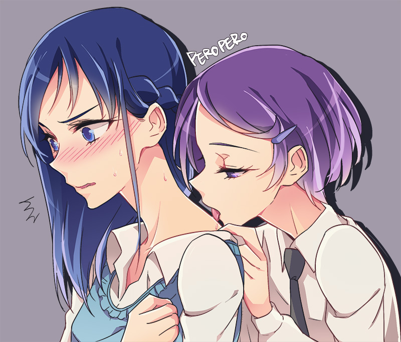 /\/\/\, 2girls, blue_eyes, blue_hair, blush, dokidoki!_precure, grey_background, hair_ornament