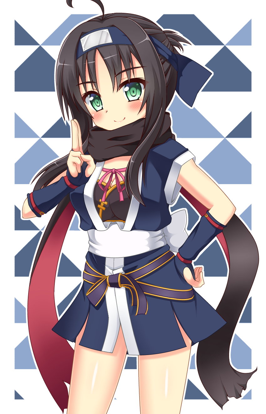 1girl, ahoge, black_hair, blush, breasts, forehead_protector, green_eyes, highres