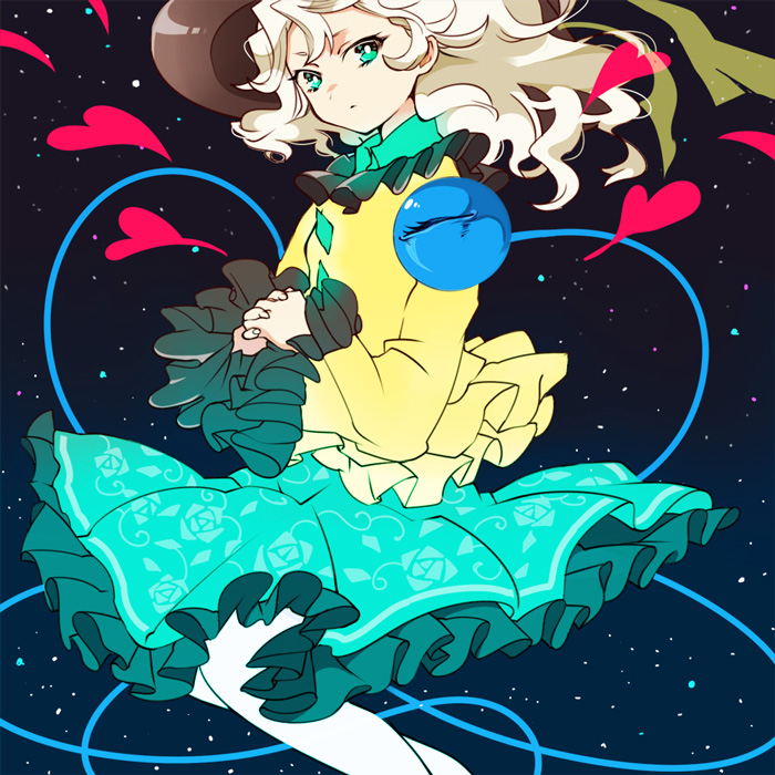 1girl, floral_print, green_eyes, hat, heart, kakueki-teisha, komeiji_koishi, long_hair
