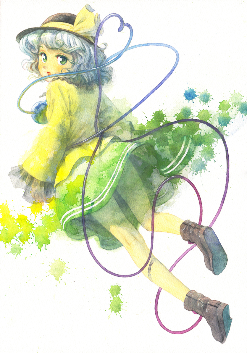 1girl, calligraphy_brush_(medium), graphite_(medium), green_eyes, hat, hat_ribbon, heart, heart_of_string