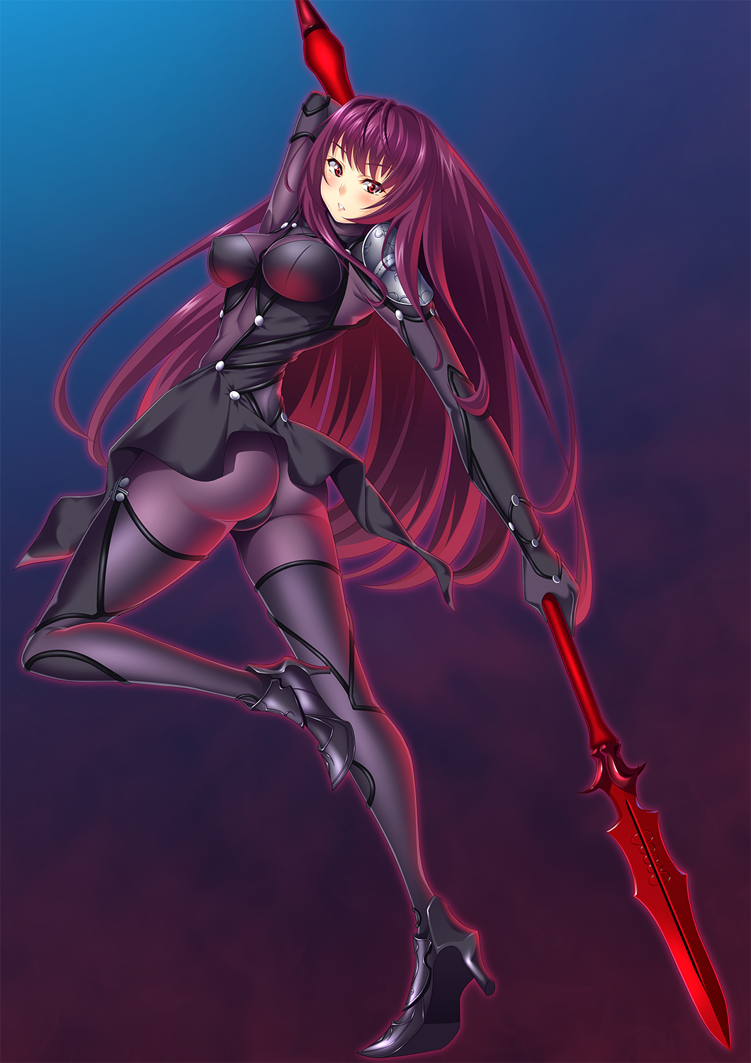 1girl, ame_isshiki, armor, ass, bangs, blue_background, blush, bodysuit