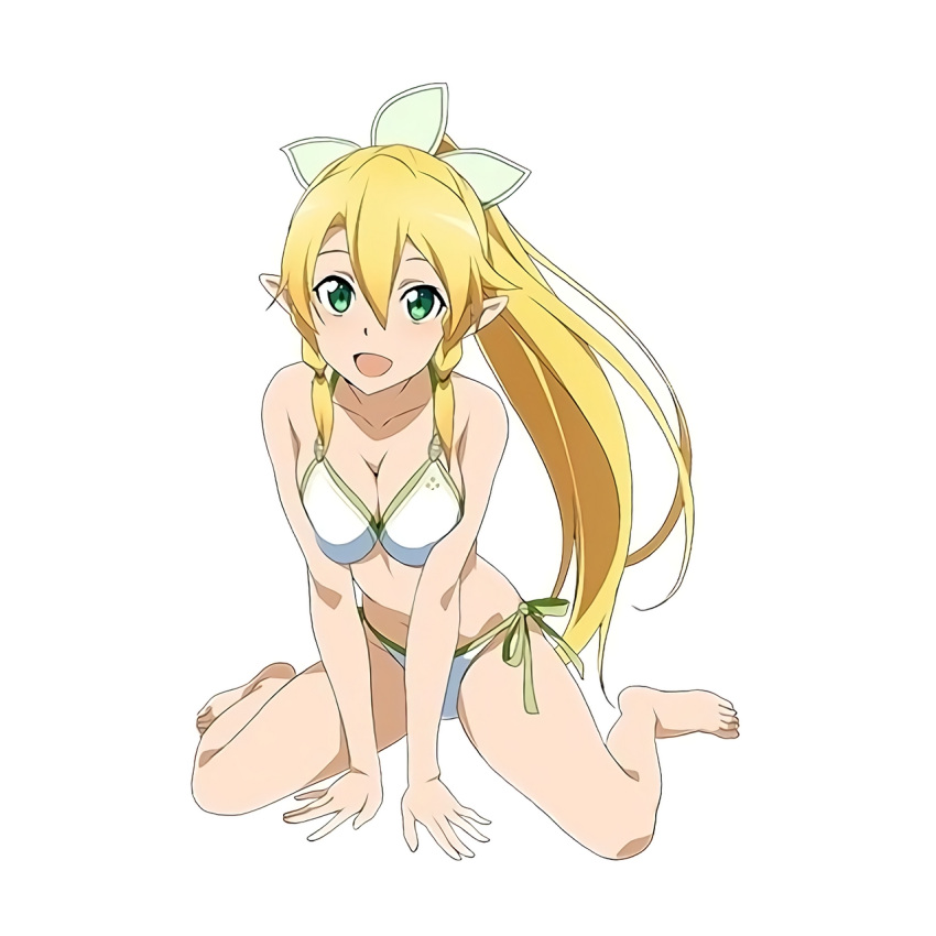 1girl, bikini, blonde_hair, breasts, cleavage, collarbone, green_eyes, hair_ornament
