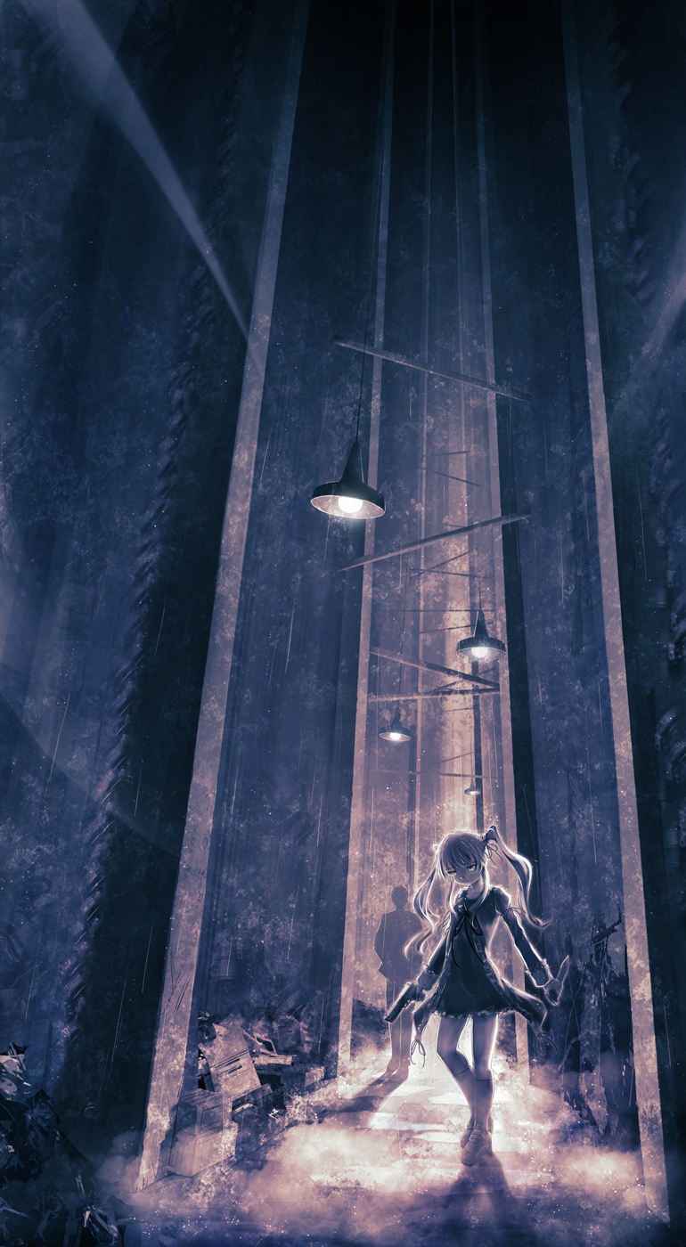 1boy, 1girl, aruciii, black_dress, black_ribbon, building, closed_mouth, collarbone