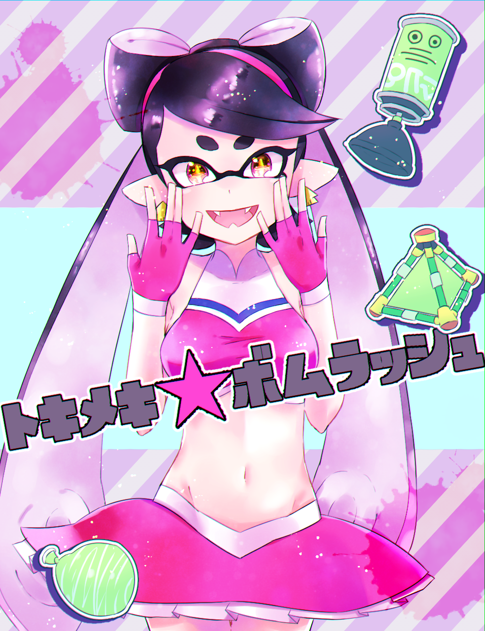 +_+, 1girl, alternate_costume, aori_(splatoon), brown_eyes, burst_bomb_(splatoon), cowboy_shot, crop_top