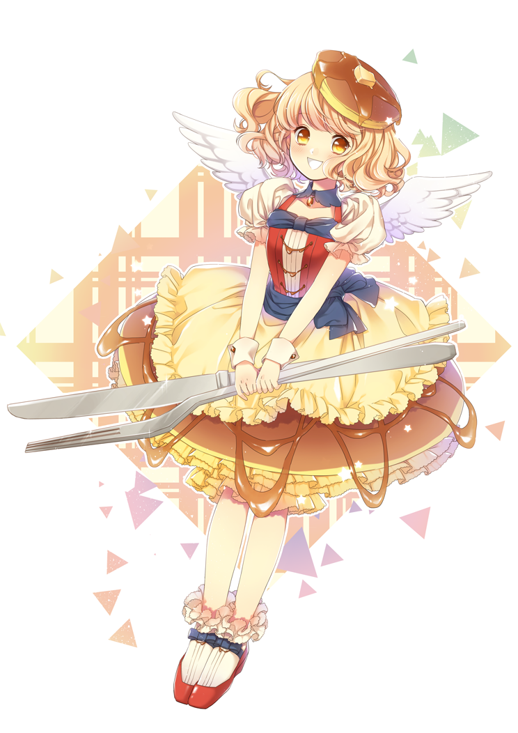 1girl, blonde_hair, bobby_socks, brown_eyes, brown_skirt, food_as_clothes, food_themed_clothes, food_themed_hair_ornament