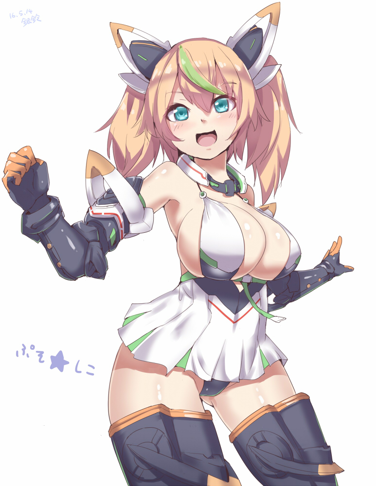 1girl, :d, aqua_eyes, ass, ass_visible_through_thighs, bare_shoulders, black_panties, blonde_hair