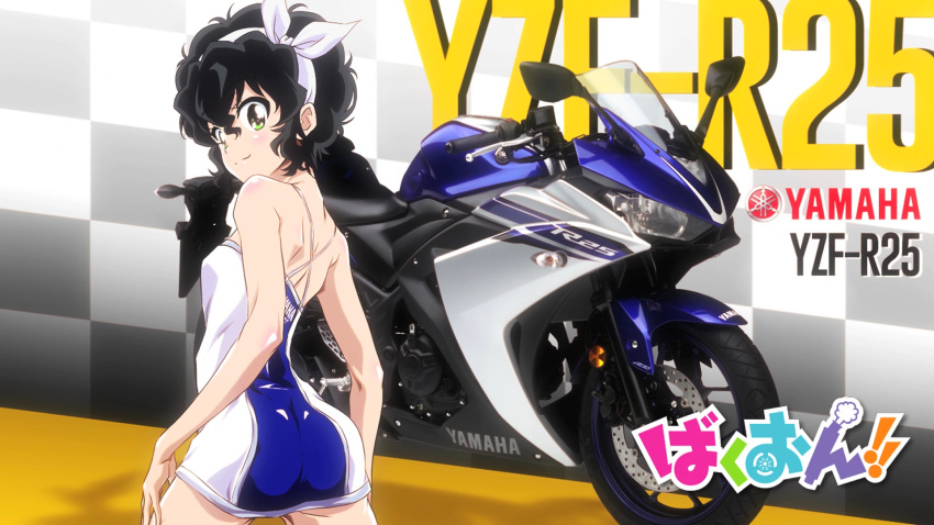 1girl, amano_onsa, ass, back, bakuon!!, bare_shoulders, black_hair, curly_hair, dress, eyecatch, green_eyes, hairband, highres, looking_at_viewer, looking_back, motor_vehicle, motorcycle, racequeen, screencap, short_dress, short_hair, smile, solo, vehicle, yamaha, yamaha_yzf-r25